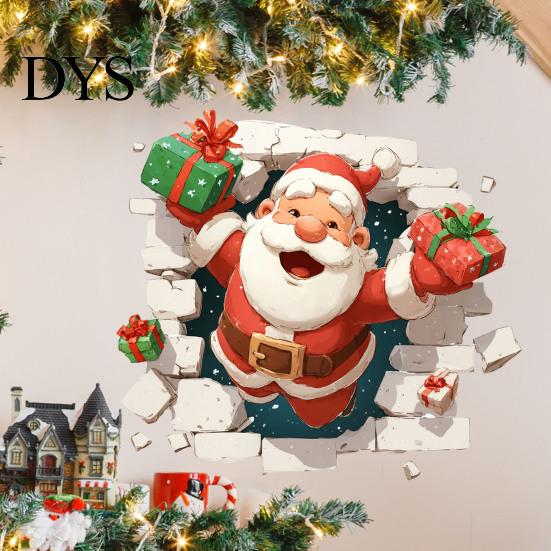 Seasonal Wall Art 3D Santa Claus Christmas Decals, Break Through Reindeer Decals Window Stickers, Removable Winter Holiday Decorations for Living Room