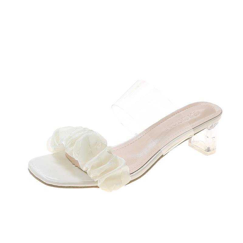 Transparent One-word Sandals Female Summer 2025 New Fairy Wind Crystal Thick Heel Open Toe Wear High-heeled Cool Slippers