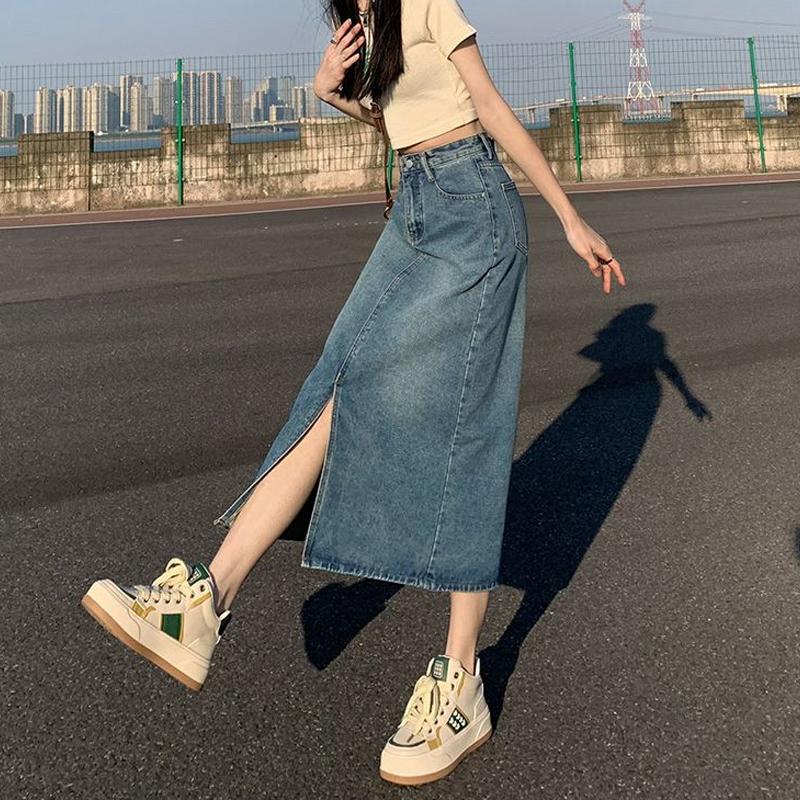 Letní dámská sukně s vysokým pasem, retro A-linie, kapsy, přední rozparek, modrá džínová sukně, zakrývající boky, rovná dlouhá džínová sukně