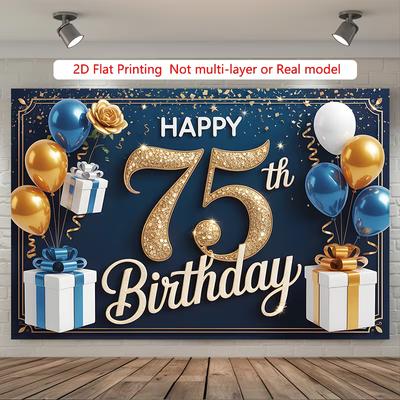 Fundal Elegant pentru a 75-a Zi de Naștere, Design Sofisticat Bleumarin și Auriu cu Balonașe și Cadouri, Decor Festiv pentru Peretele Petrecerii de Jalon