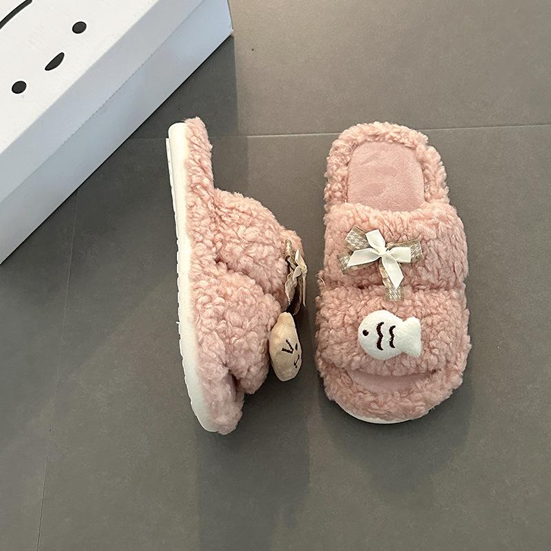 Cartoon fluffy slippers women s flat cotton shoes casual season fashion girls one-word cotton slippers 36-37 3149₽