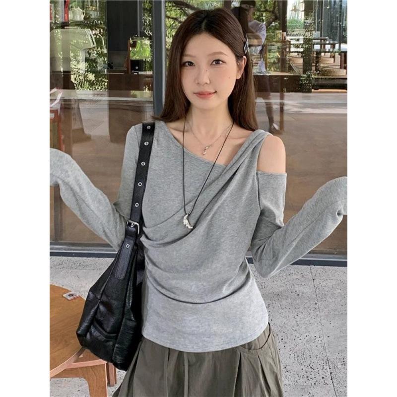 Gray Off-the-Shoulder Ruched Slim-Fit Long-Sleeve T-shirt for Women - Early Autumn Design