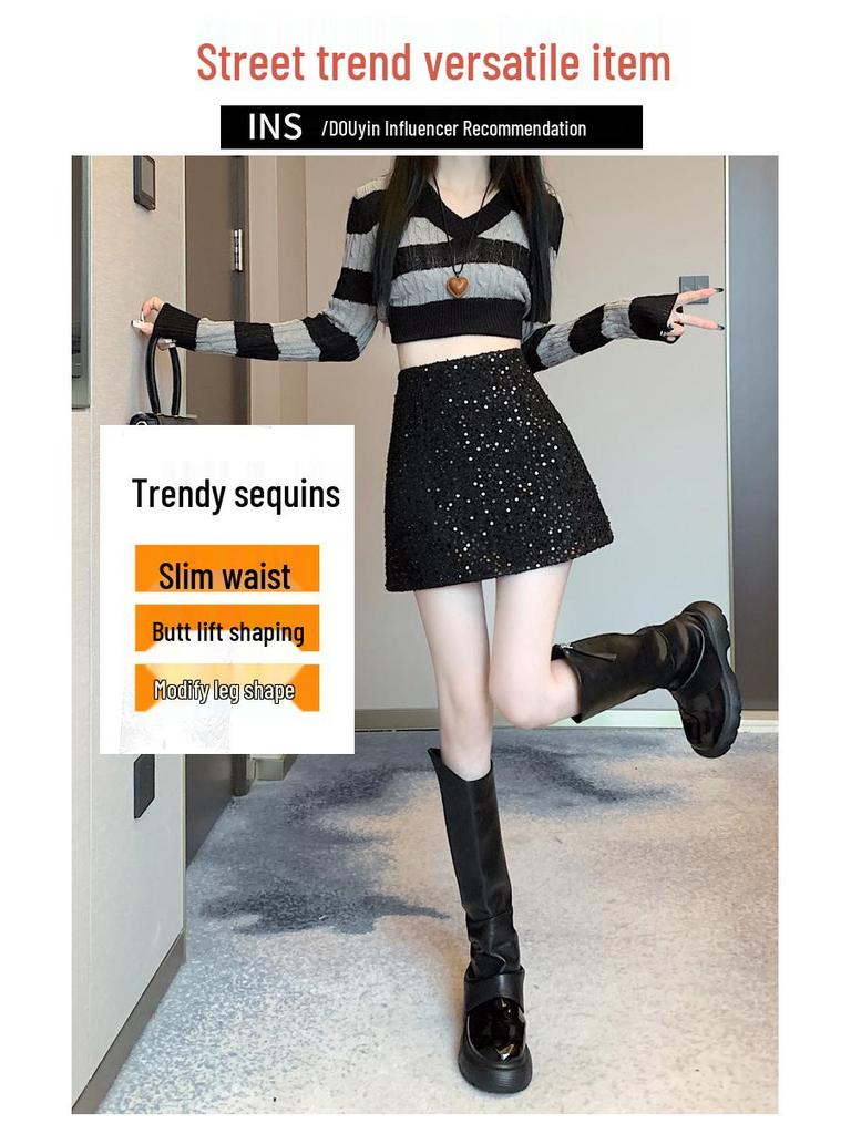 Petite High-Waist Pailletten-Wollrock in A-Linie für Damen - Herbst/Winter Kollektion