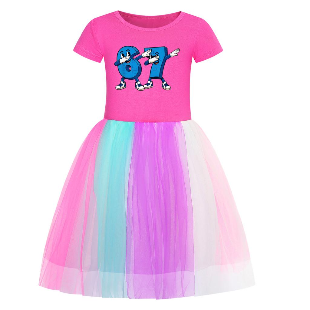 5226 Kids Girls Steal a Brainrot 67 Six Seven Print Mesh Rainbow Round Neck Casual Casual Cotton Dress