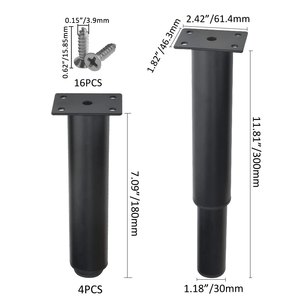 XINMEIWEN 4-Pack Metal Adjustable Furniture Legs, Cabinet Legs, Heavy-Duty Bed Center Frame Slat Support Legs for Table, Bed, Sofa (7.1"-12"), Black