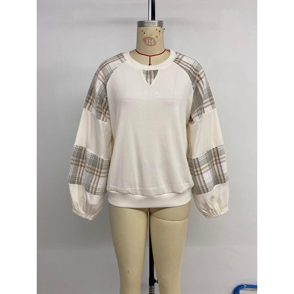 Women's Patchwork Plaid Long Sleeve Hoodie - Casual Autumn/Winter 2026 Loose Fit Base Top