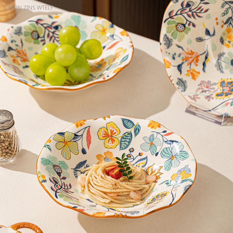 Flower Pattern Ceramic Plates Home Porcelain Tableware Exquisite Fruit Salad Plates Kitchen Accessories Dinner Plates and Dishes