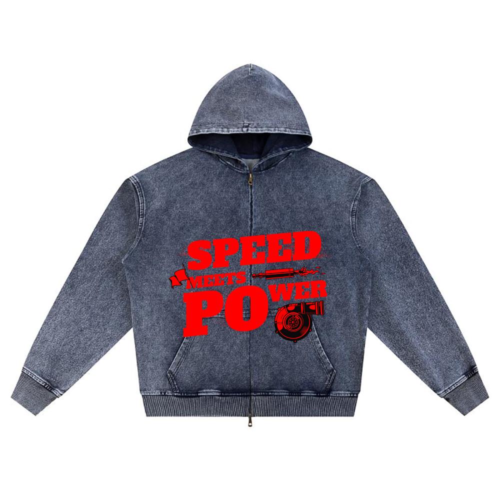 DTG print Knitted Denim Zip-Up Hoodie Speed Meets Power Brother Print Zipper Hoodies  