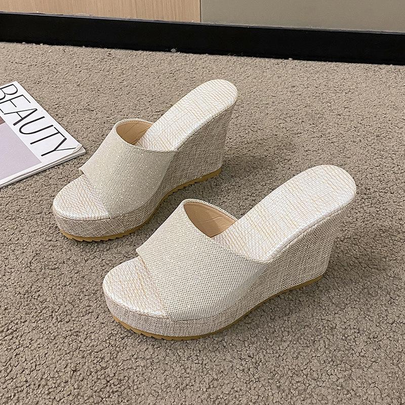 Wedge heel fish mouth large size slippers large size summer new thick bottom heightening cloth surface cool slippers women
