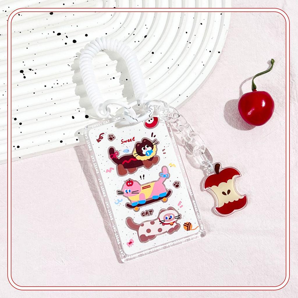 Kawaii Cat Keychain Sliding Card Holder Student Meal Card Bus Card Photo Card Holder Lanyard Lady Id Card Credit Card Holder