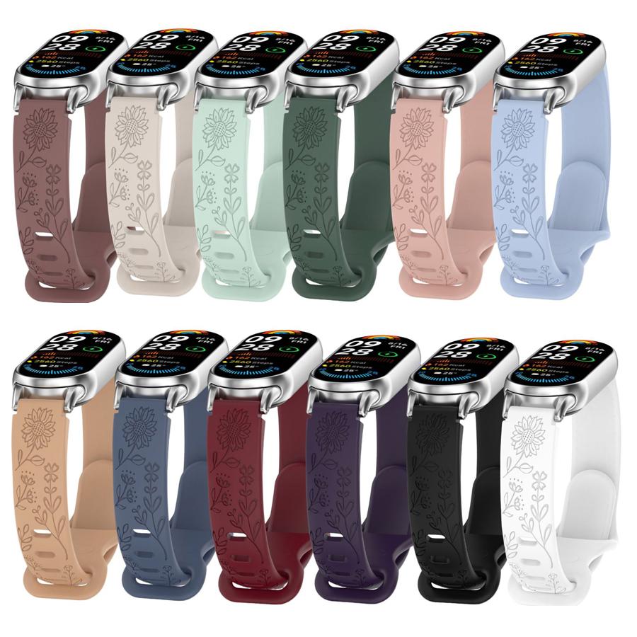 For Xiaomi Band 10 9 8 Silicone Watch Strap 3D Carving Flowers Smart Watchband Replacement Bracelet for Xiaomi Miband 8 9 NFC Strap Engraved Bracelet