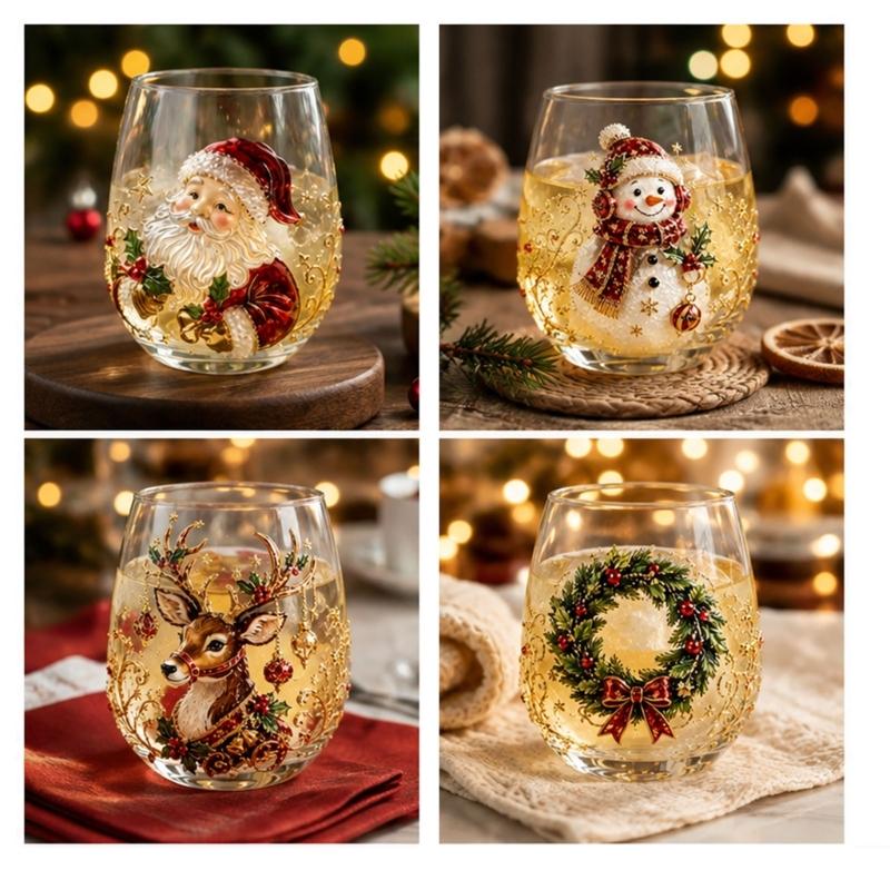 Holiday Beverage Cup, Clear Stemless Christmas Glass with Gold Detail for Table Service and Seasonal Hosting Use