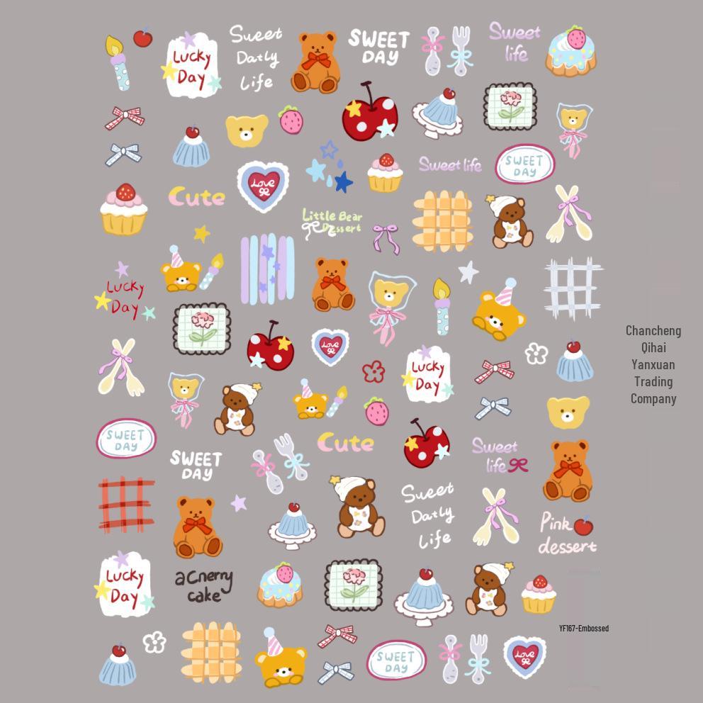 Patchwork Bear & Dora Adhesive Nail Stickers with Cute Heart and Camera Designs