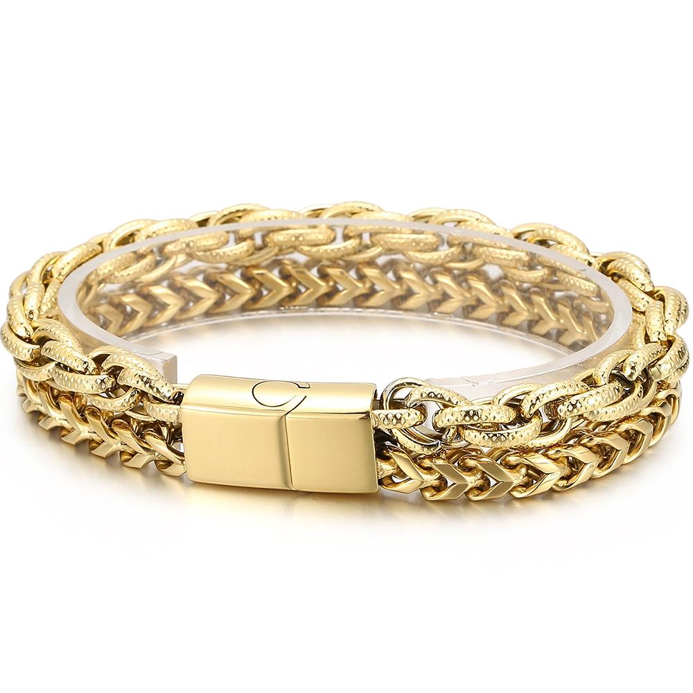 

Men s Double Layer Chain Bracelet for Men Vacuum Plated Black Gold Color Stainless Steel Chain Custom Engraved Birthday Gifts 22cm золотий