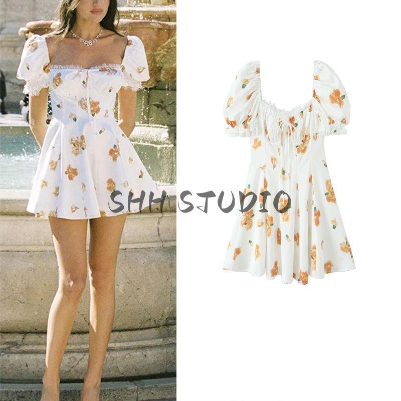 Summer New Product Women's Clothes French Vintage Style Printed Waist-Controlled Slim Looking Lace Patchwork Puff Sleeves Dress Short