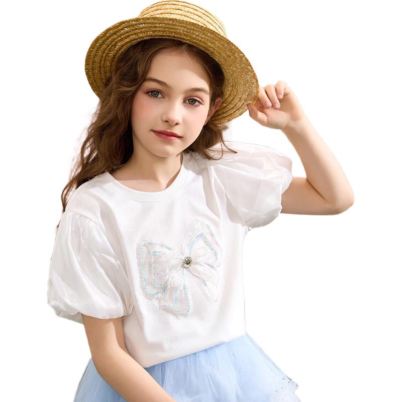 ASK JUNIOR Girls' Puff Sleeve T-Shirt with 3D Bow