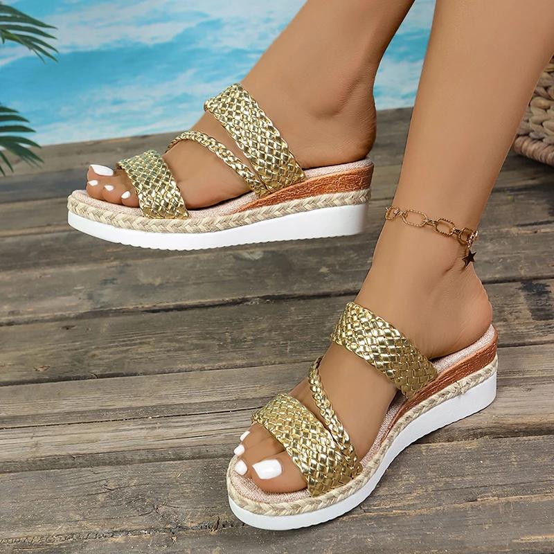 Fashion Gold Wowen Straps Wedge Sandals Women Summer 2025 Platform Rome Shoes Woman Lightweight Thick Sole Sandalias Plus Size 36-43