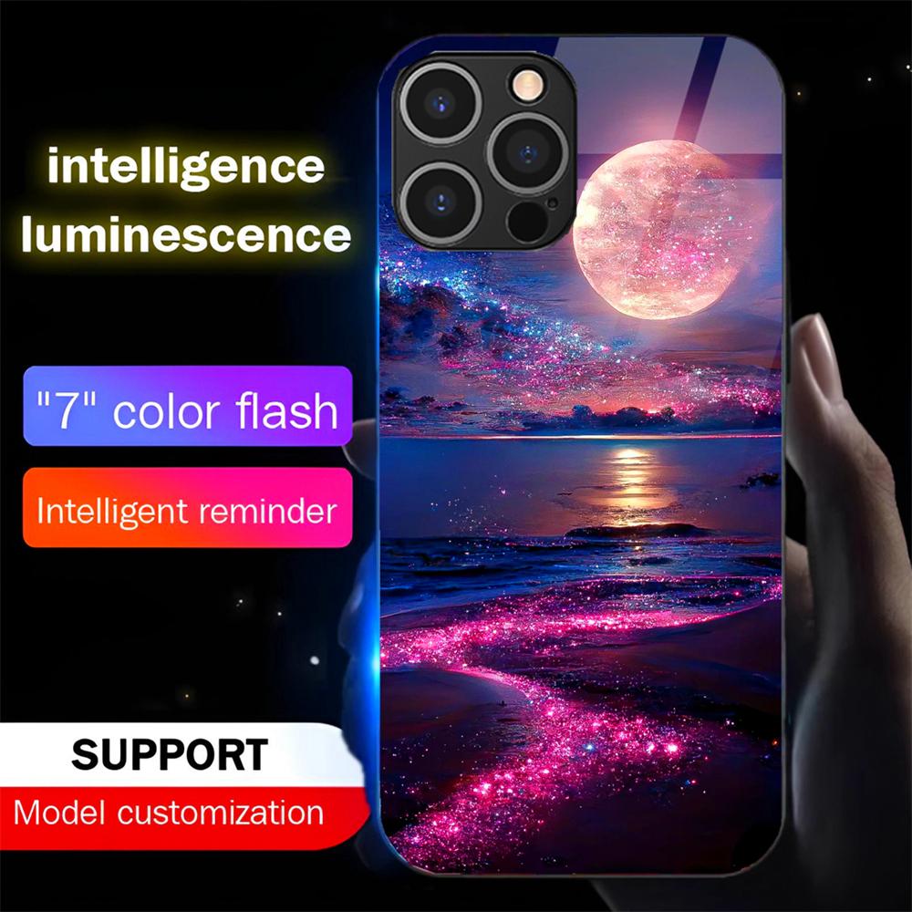 Brilliant LED Light Glow Luminous Tempered Glass Back Phone Case For IPhone Samsung