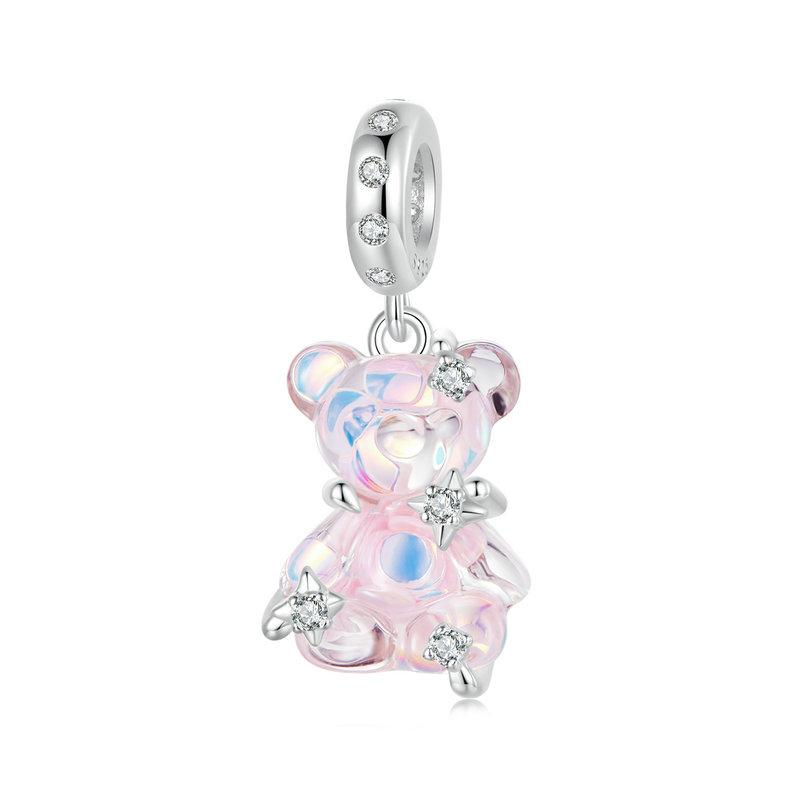WOSTU 925 Silver Princess Pink Bear Bead Ballet Girl Charm Shoe Bow Pendant Saftey Chain Fit Bracelet Neckalce DIY Gift