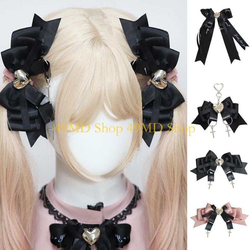 49MD Ribbon Bow Hair Clip Balletcore Bow with Headdress Gothic Hairpin