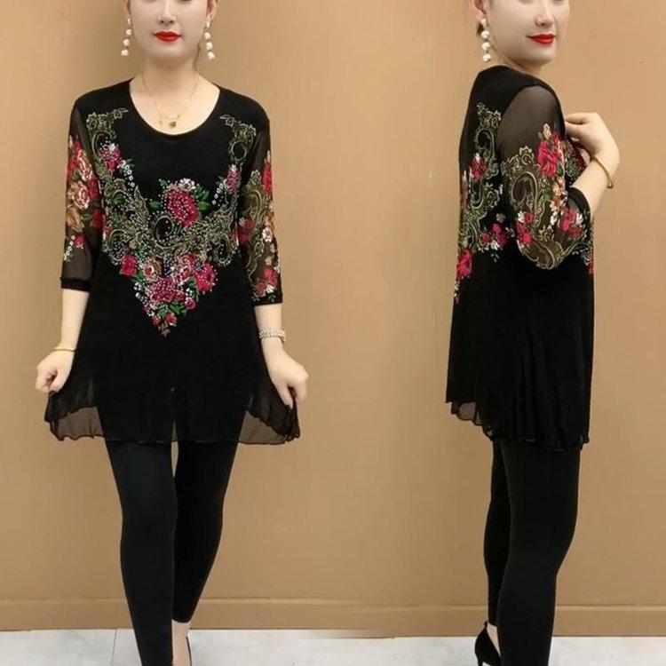 Frauen Rundhals Frühling Sommer Pendeln Gedruckt Diamanten Patchwork Gaze Lose Pullover