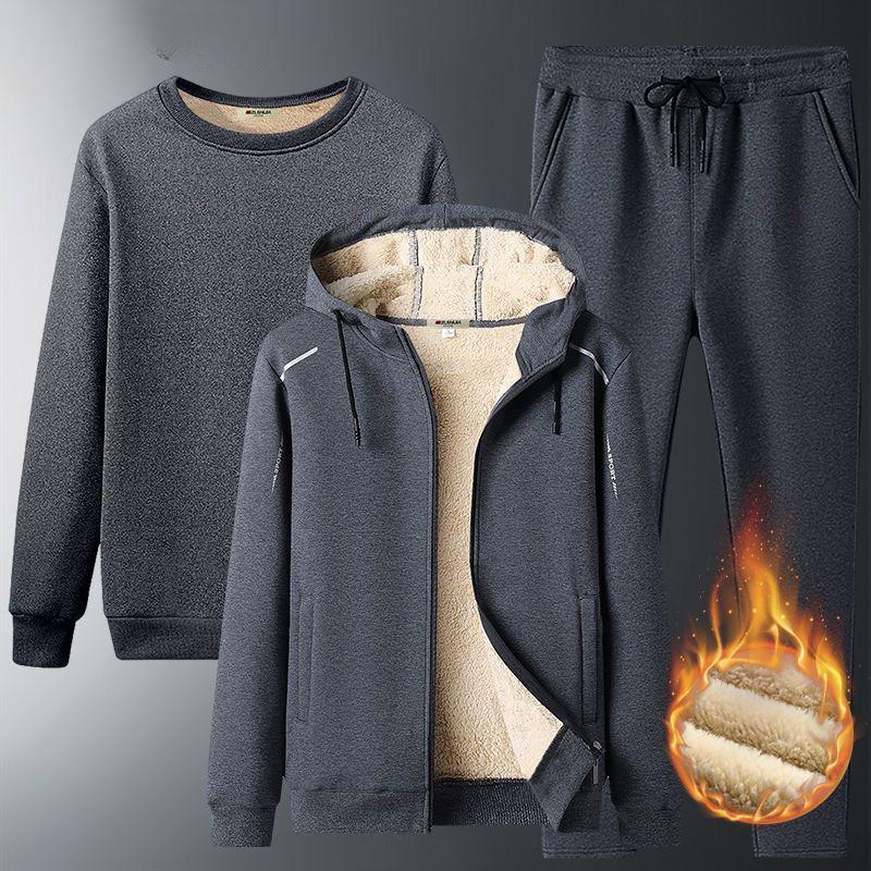 Plus Velvet Thickened Suit Men's Lamb Velvet Sports and Leisure Suit Winter Warm Three-piece Set Men