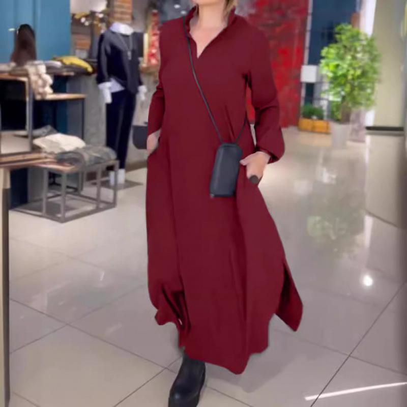 Lässiges langärmeliges V-Ausschnittkleid mit Taschen für Herbst und Winter