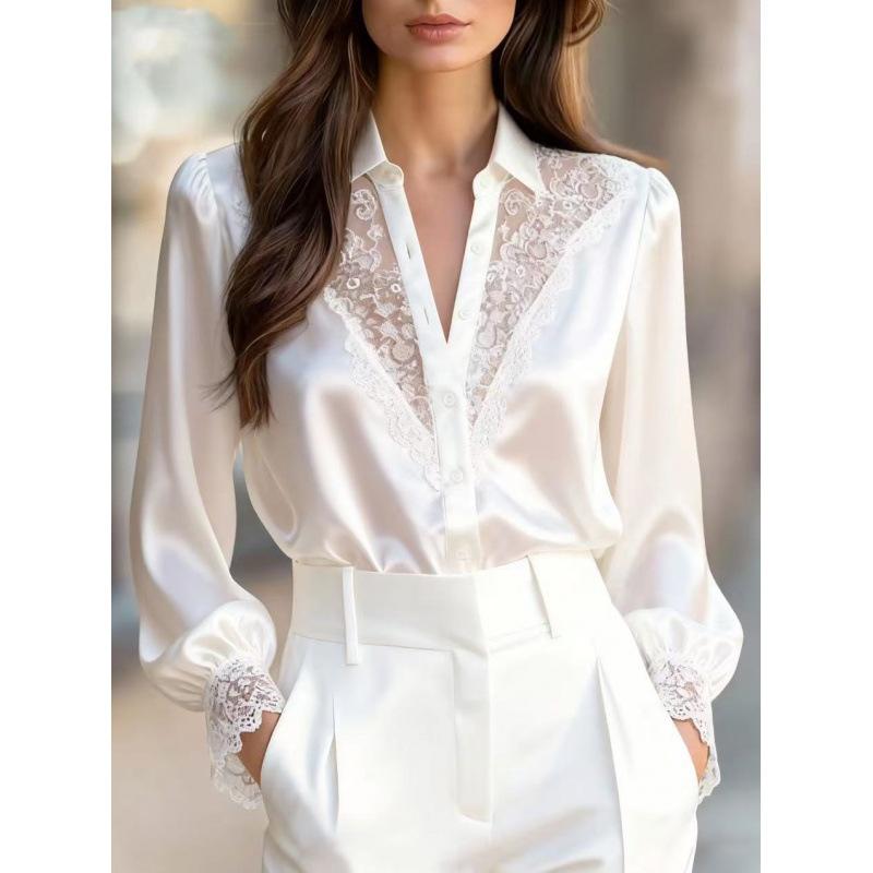 2025 Jarní a podzimní design Niche Krajkový top s V-výstřihem a nabíranými rukávy pro ženy