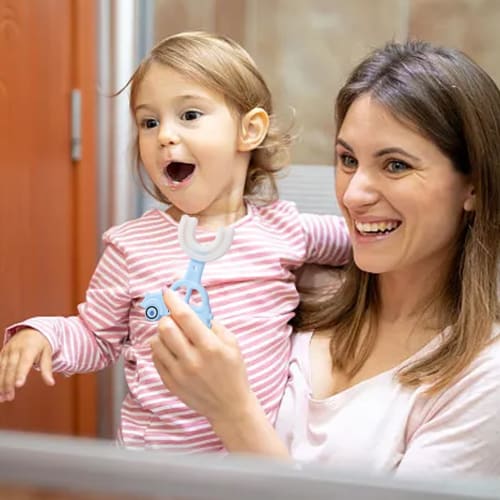 Two U-Shaped Kids Toothbrushes with 360× Rotation, Soft, Manual, for Babies Ages 2-12, Cute Oral Cleaning Tool with Recon Brush Heads, Perfect for Kid