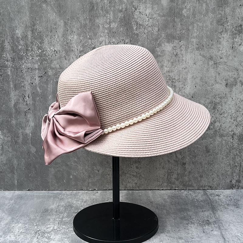 French Elegant Bow Pearl Straw Hat Women'S Beach Hat Big Brim Sun Hat Bucket Hat Top Hat