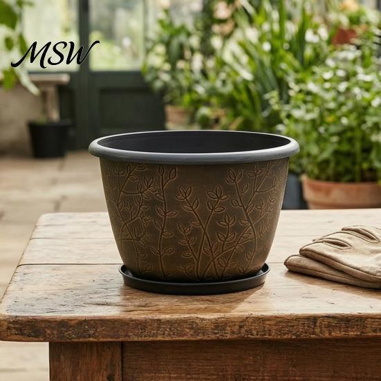 Stable Heavy Duty Plant Pots 12 Inch Thickened Flower for Outdoor Indoor, Plastic Leaf-Pattern Texture Large Planters Planter with Drainage