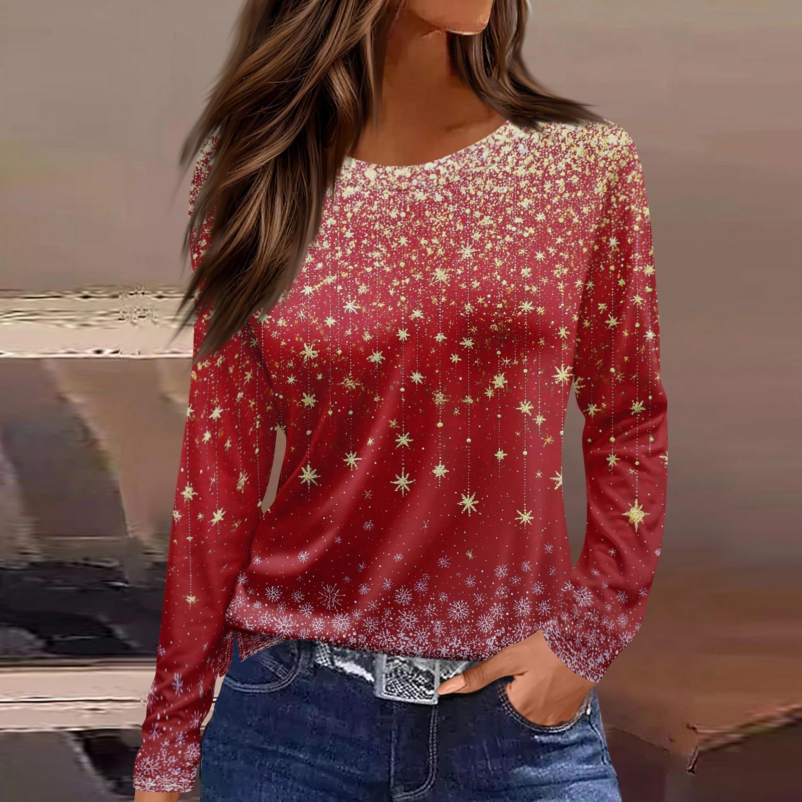 

Женская модная повседневная футболка с разрезом и круглым вырезом, длинным рукавом, свободная, с принтом, женская футболка на Рождество XL арбуз красный