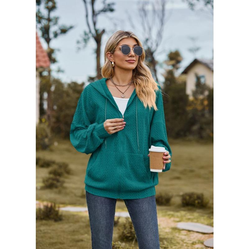 Spring and Autumn Women's Jacket Solid Color Pocket Long Sleeve Loose Hooded Sweatshirt Women Jacket