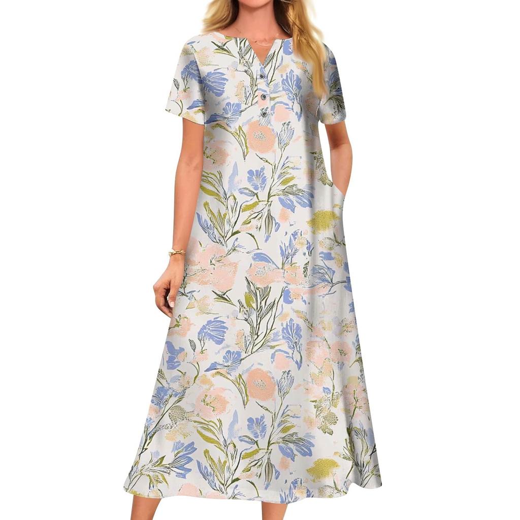 Abito scampanato a maniche corte con scollo a V stampato casual estivo da donna