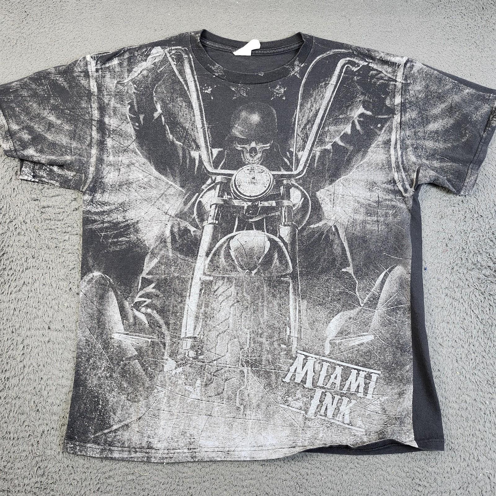 Miami Ink Shirt Mens Large Black Skull Motorcycle All Over Graphic Tattoo Tee Unisex T-Shirt M