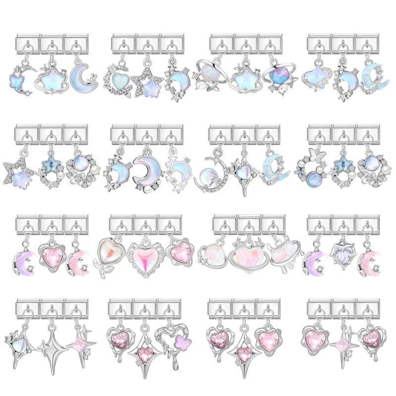 Y2K 3PCS Colorful Crystal Zircon Pendant Moon Star Bow Italian Charm Links Stainless Steel Fit 9mm Bracelet Jewelry DIY Making