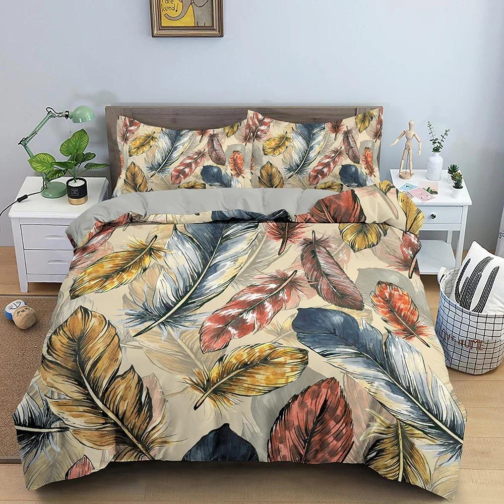 Colorful Feathers Pattern Bedding Set Soft Cozy Duvet Cover Set Luxury King Queen Quilt Cover for Bedroom Decor