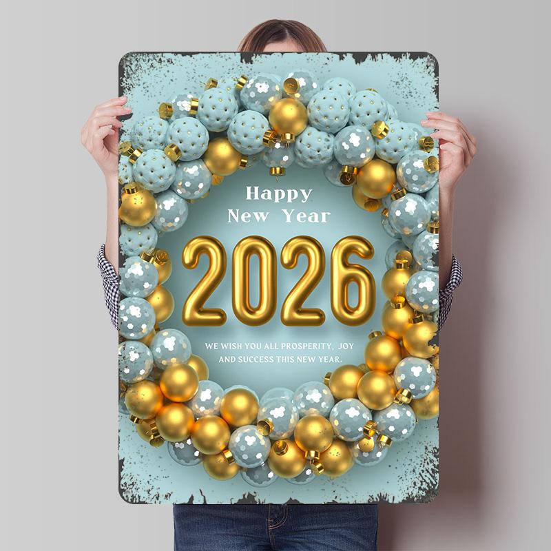 Happy New Year 2026 Ornament Wreath Poster Customized Wall Art Vintage Metal Signs Retro Tin Plaque for Man Cave Bathroom Decor