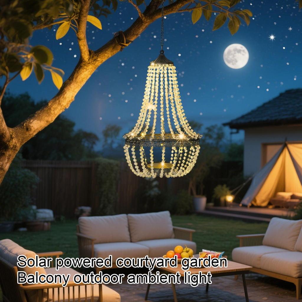 Outdoor Solar Powered Hanging Chandelier Light for Garden Patio Balcony Decorative Ambient Lighting with Beaded Design and Metal Frame