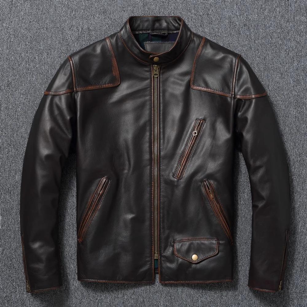 Style RL Top Layer Oil Waxed Cowhide Real Leather Jacket Men Stand Collar Brown Motorcycle Coat Men's Biker Jacket Spring Autumn