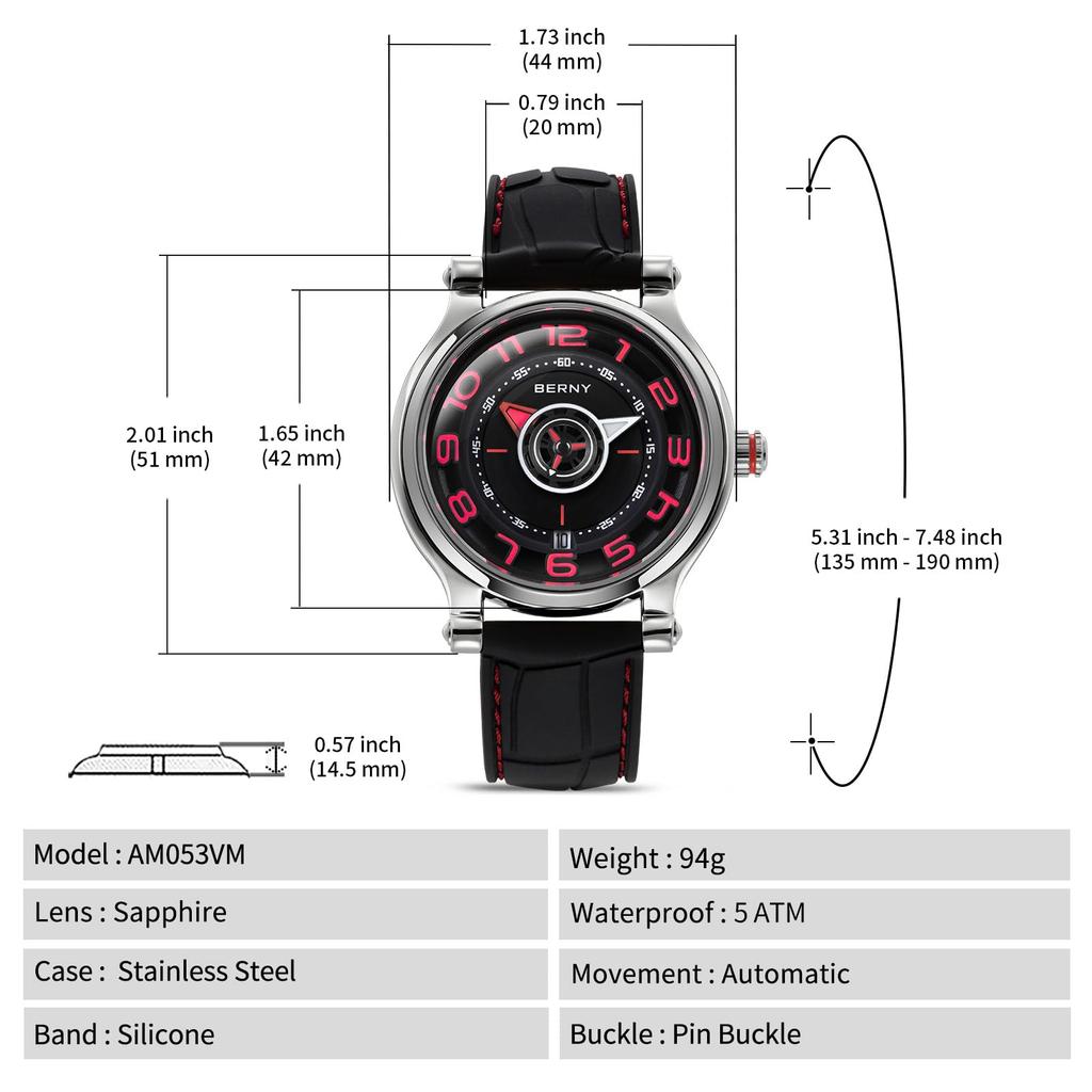 BERNY Zegarek Mechaniczny Zegarek Automatyczny i Manualny Ruch Miyota 8215 Wielofunkcyjny Kalendarz Świecące Wskazówki Wystawa Tylna Okładka 5ATM