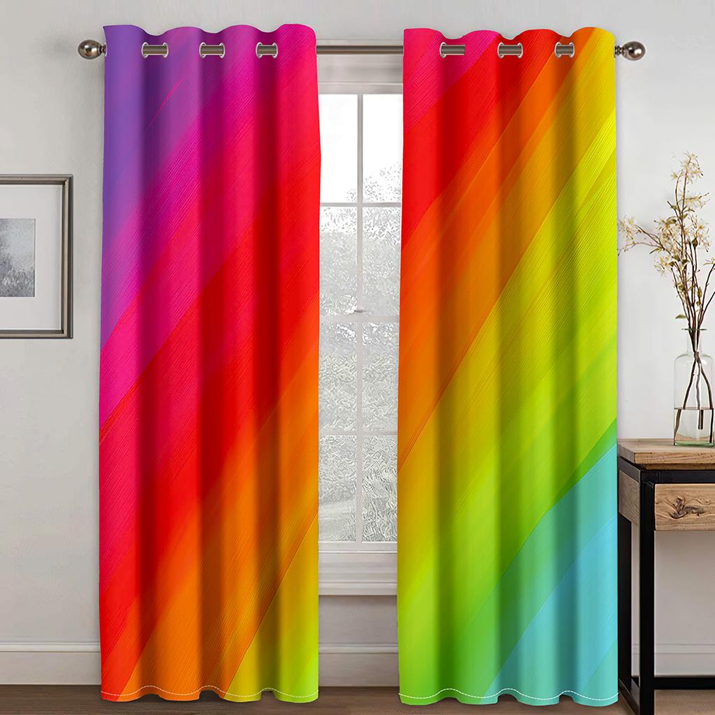 Regenbogen-gestreifte Vorhänge, farbenfrohe, lebendige vertikale Streifen, 3D-Druckmuster, Vorhänge für Wohnzimmer, 2-teiliges Set