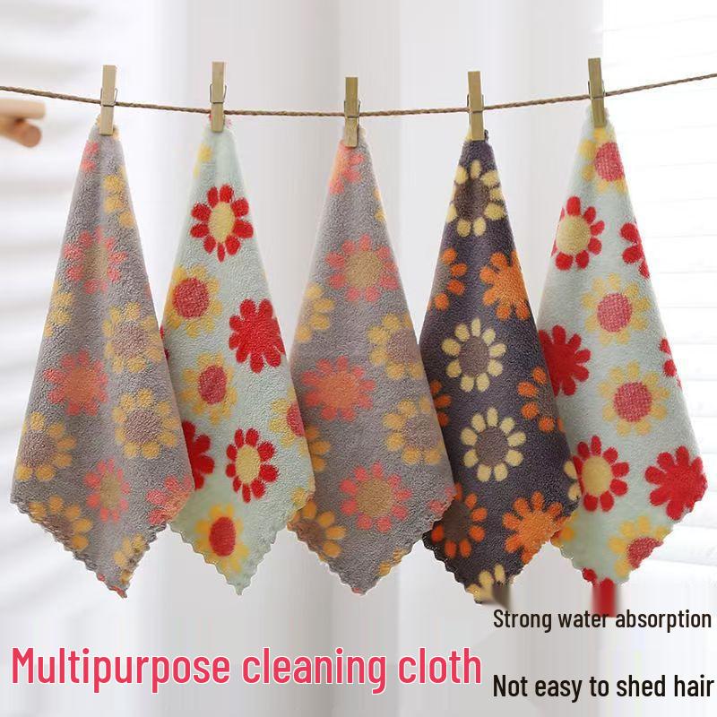 Sunflower Coral Fleece Soft Absorbent Dishcloth and Hand Towel Set