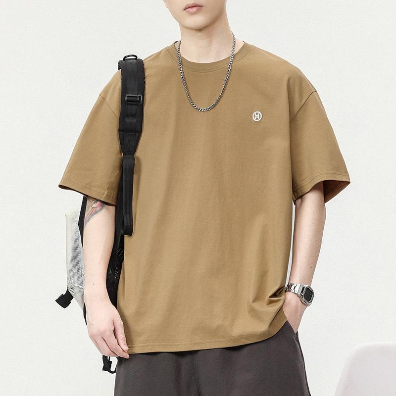 260g Heavy Japanese Loose Short-sleeved T-shirt for Men's Summer Pure Cotton Casual Embroidered T-shirt