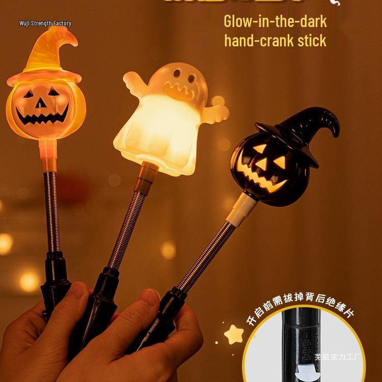 Light-Up Pumpkin Lantern Hand-Crank Stick - Halloween Decoration Toy for Kids