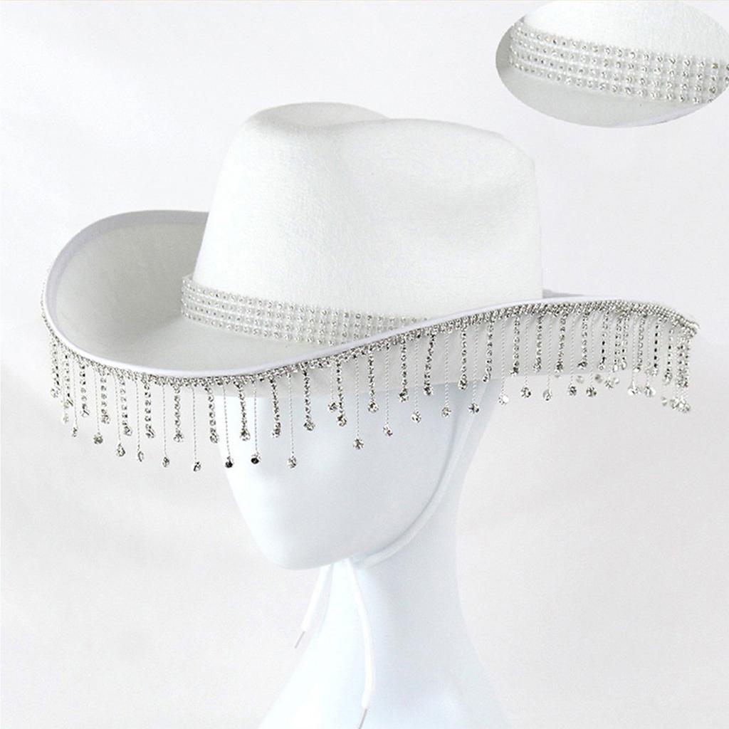 Rhinestone Tassels Cowboy Hat for Women Teens Breathable Wide Brim Beach Hat Music Festival Hat Bachelorette Party Cap