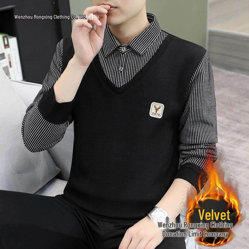 Men's Fleece-Lined Two-Piece Winter Sweater Knitwear with Long Sleeves