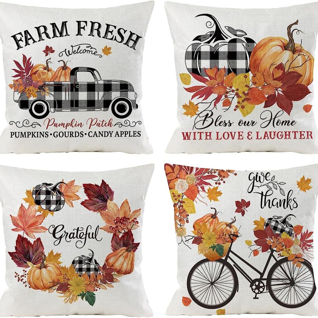 Nordic Fashion Square Linen Pillowcase Thanksgiving Design Autumn Harvest Cartoon Pumpkin Print Cushion Pillowcase