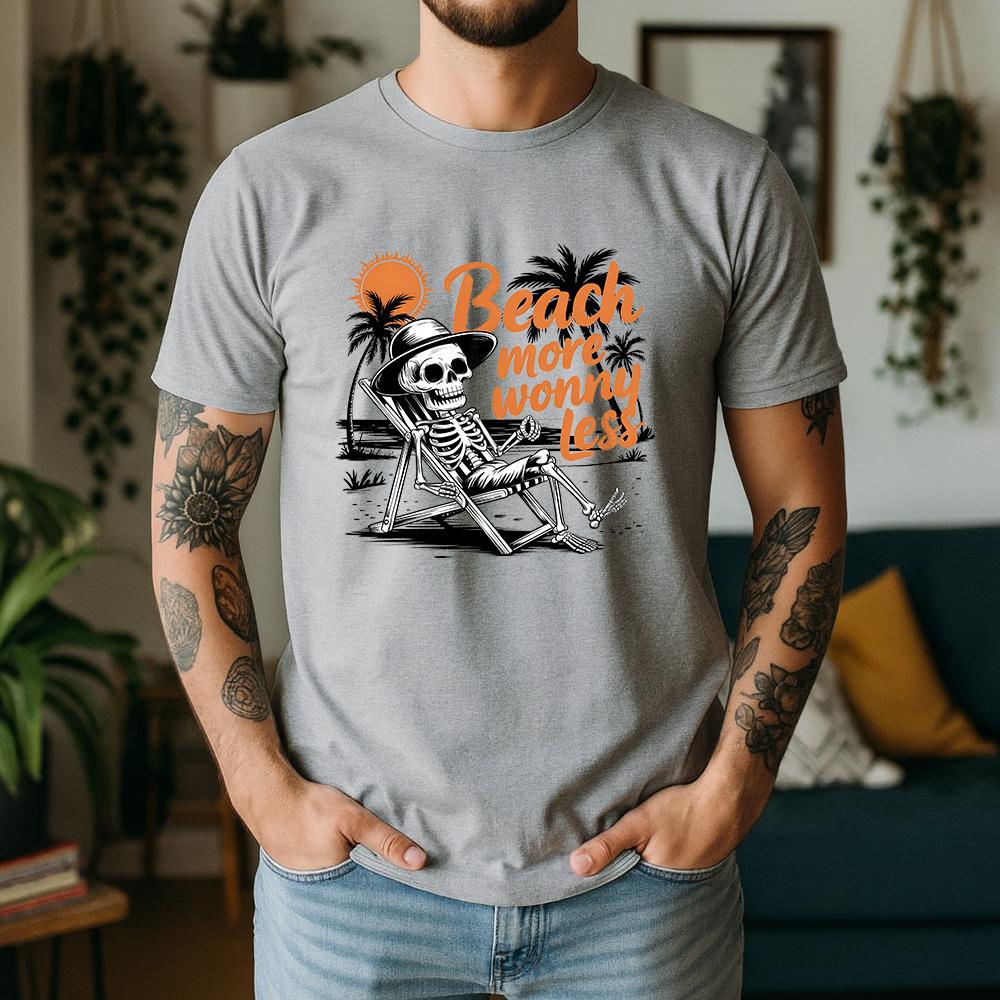 New Summer Unisexs 100 Pure Cotton TShirt Beach More Worry Less Retro Skeleton Style Casual Breathable Short Sleeve