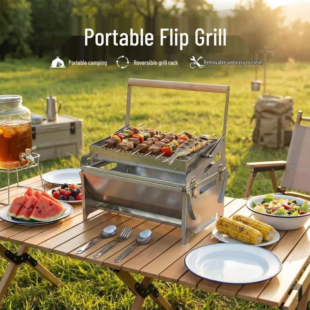 Portable 360° Rotating BBQ Grill: Easy-Clean, Outdoor Camping & Picnic Grill with Detachable Rack